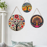 Indian Colorful Madhubani Art With Round Framed Floral Canvas Wall Painting - Set of 3